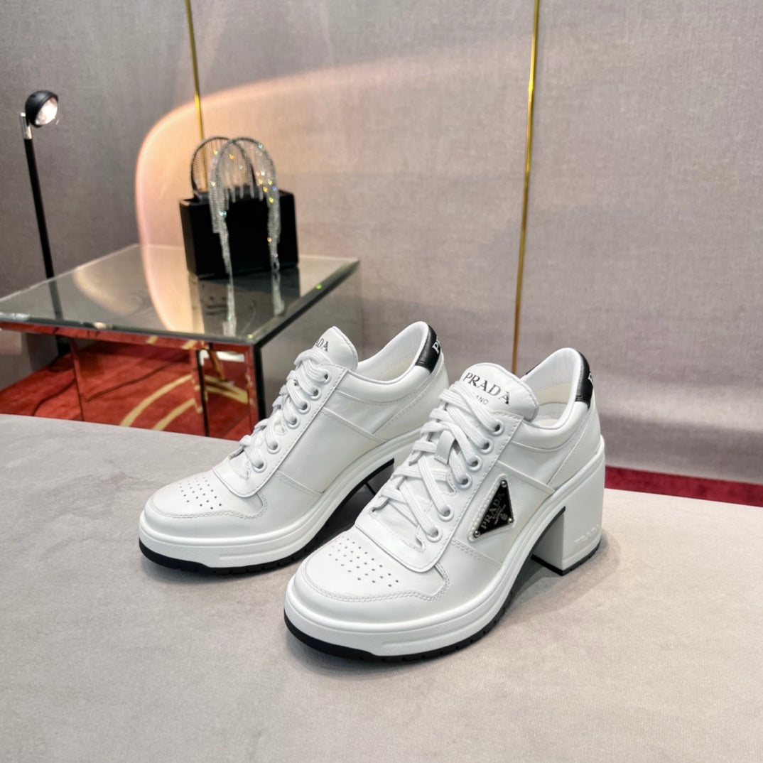 White PD high-heeled leather sneakers