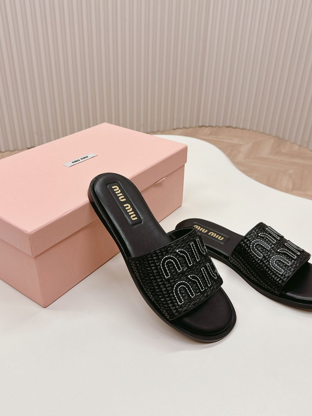 Black Raffia-Effect Mules