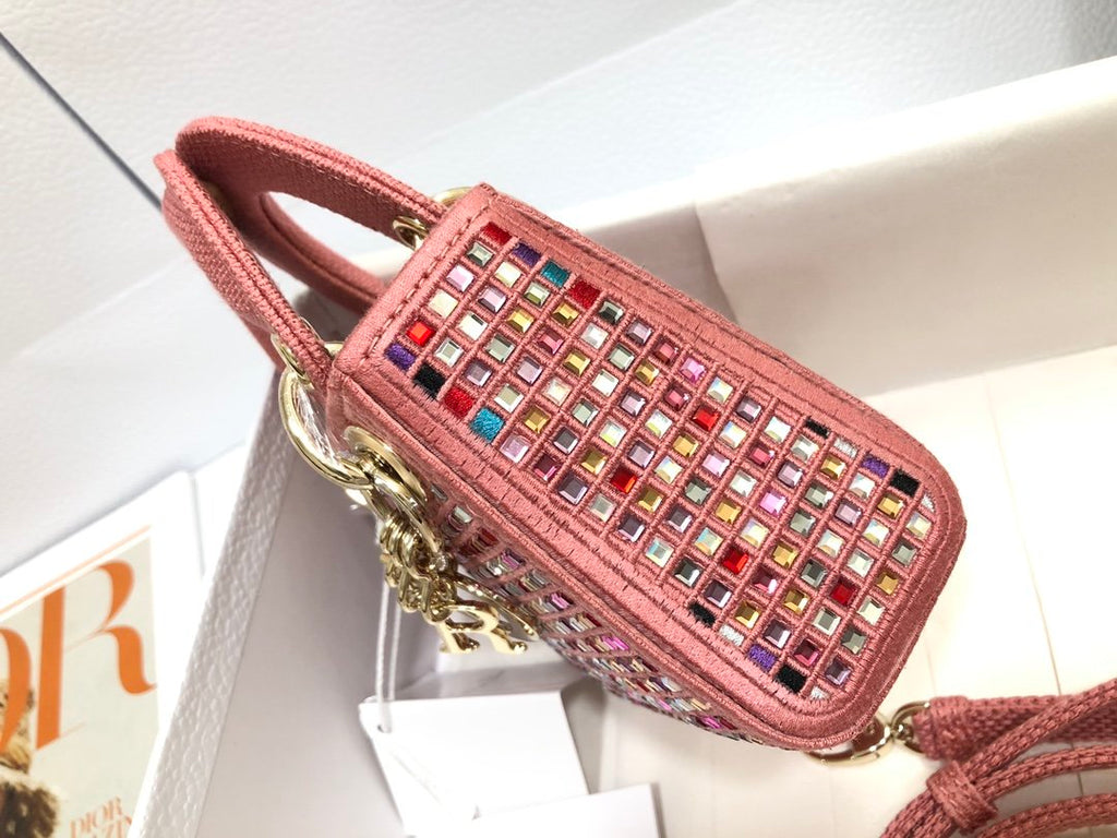 Dark Pink Canvas Micro LD Bag With Multicolor Crystals