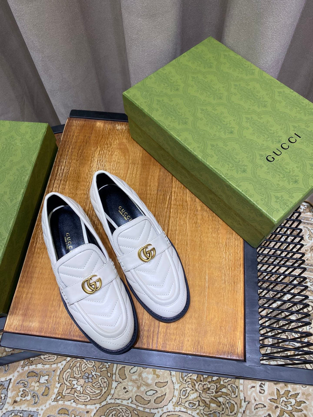 White chevron matelassé loafer