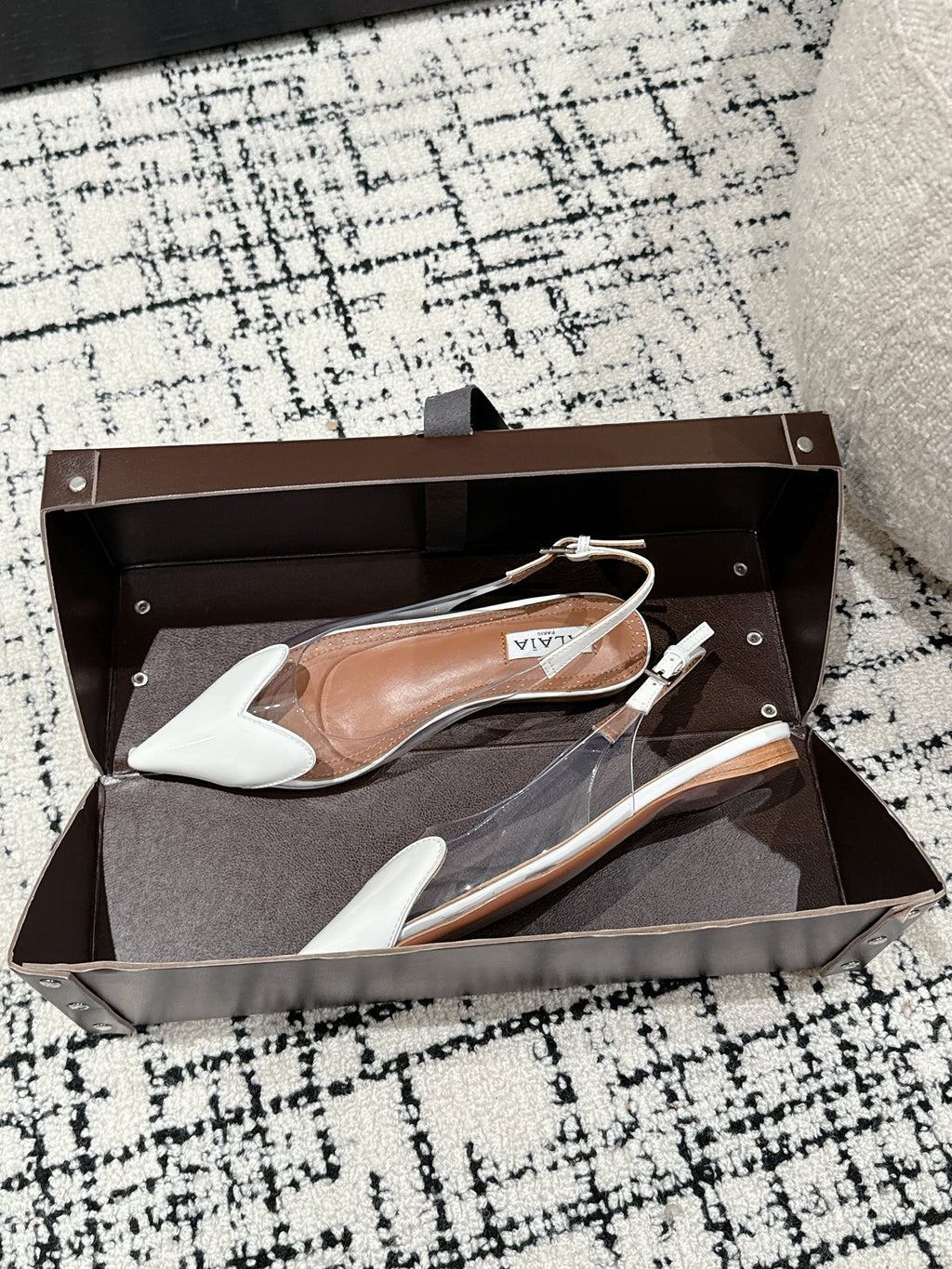 White LC Flat Slingbacks In Patent Leather