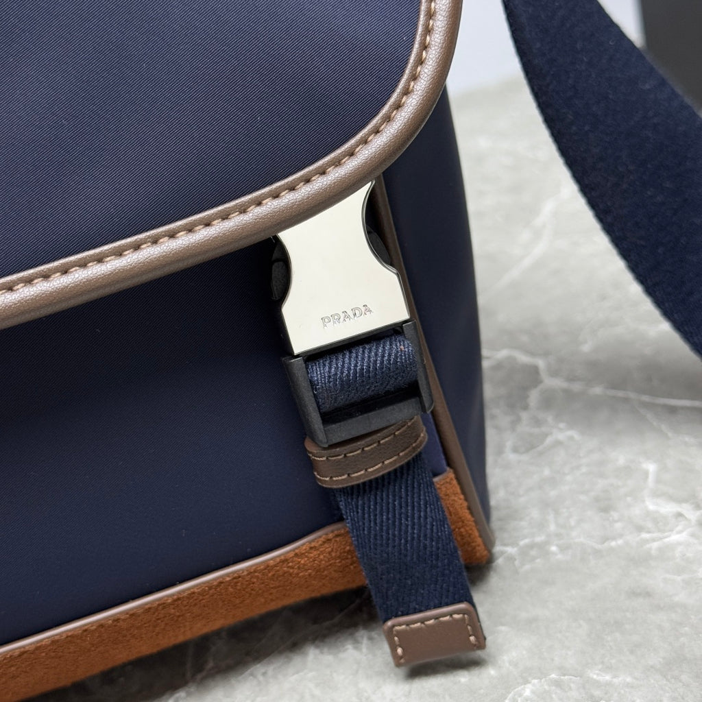 Blue/Coffee Medium Re-Nylon & Leather Shoulder Bag