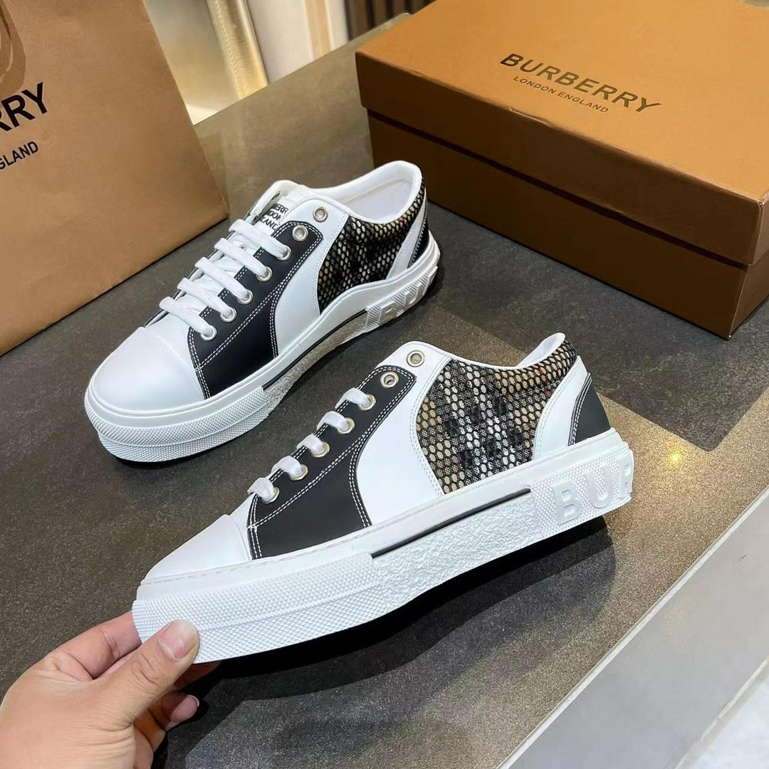 Women's Black & White Vintage Check Cotton, Mesh and Leather Sneakers