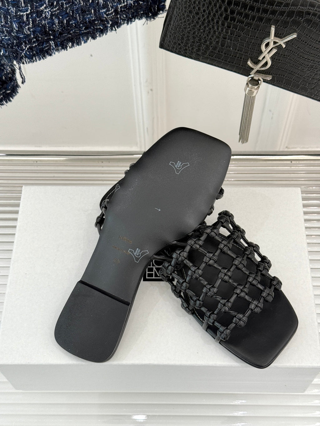 Black Braided-Leather Bandeau Slides
