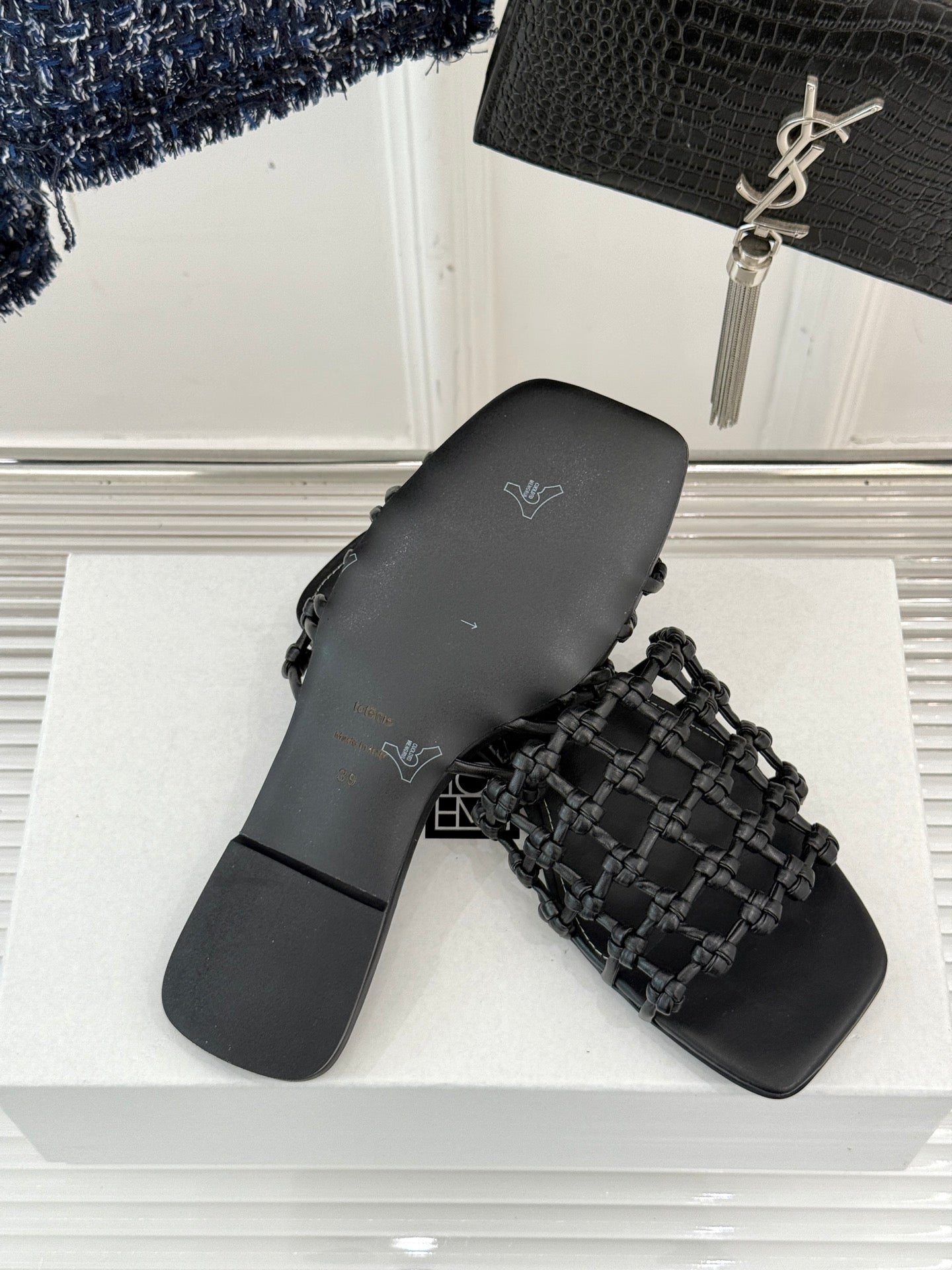 Black Braided-Leather Bandeau Slides