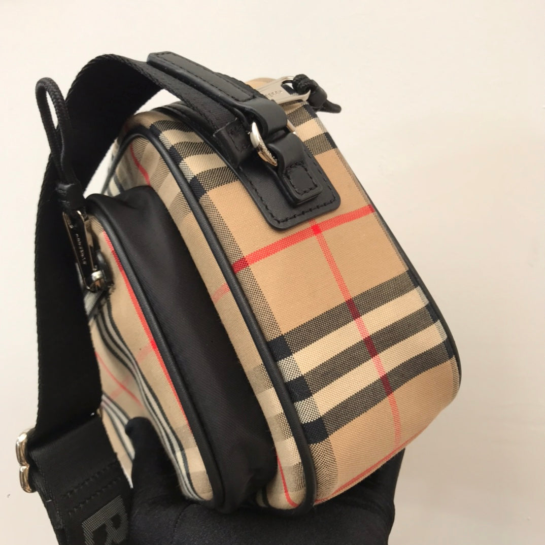 Beige Vintage Check and Leather Crossbody Bag