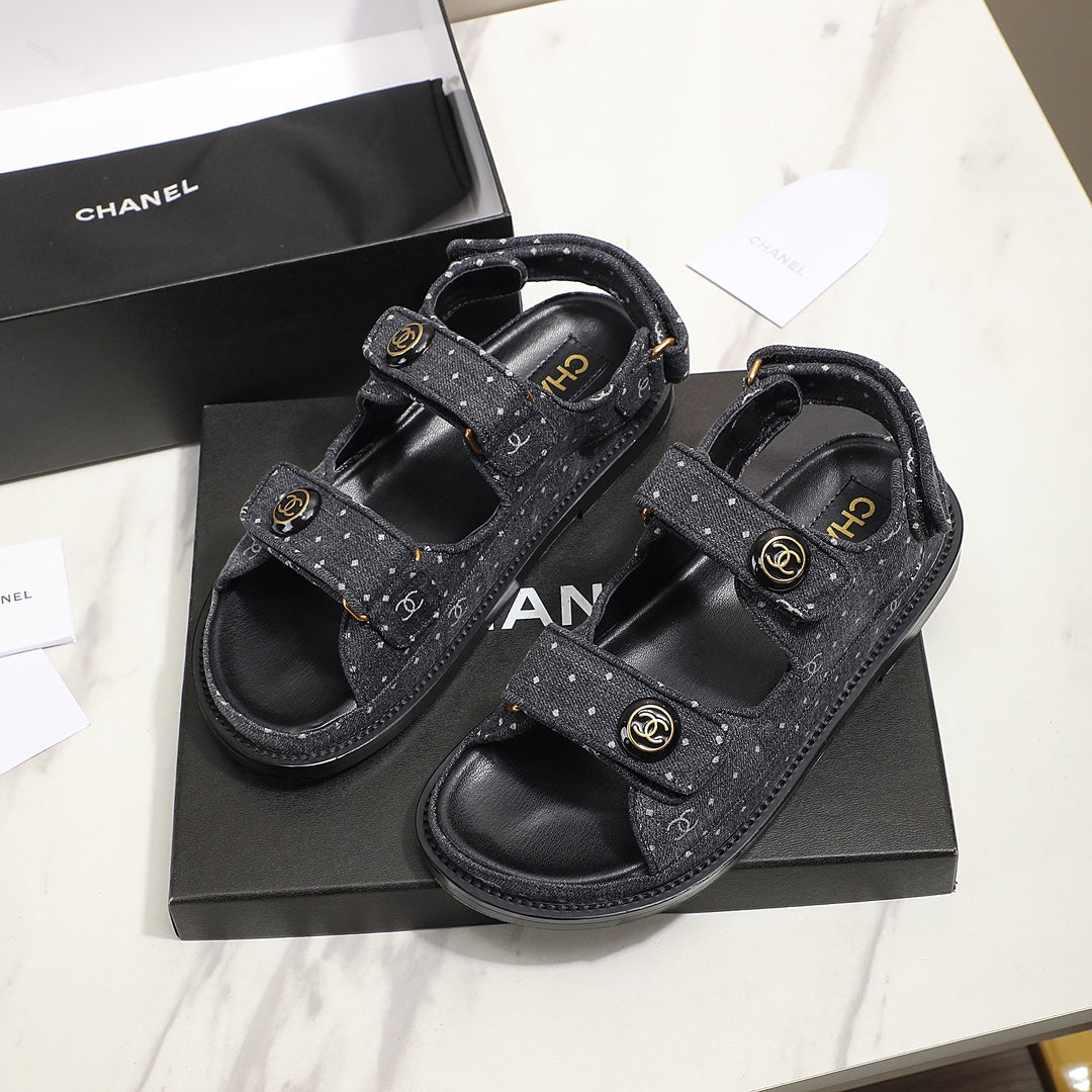 Black Printed Denim C Sandals