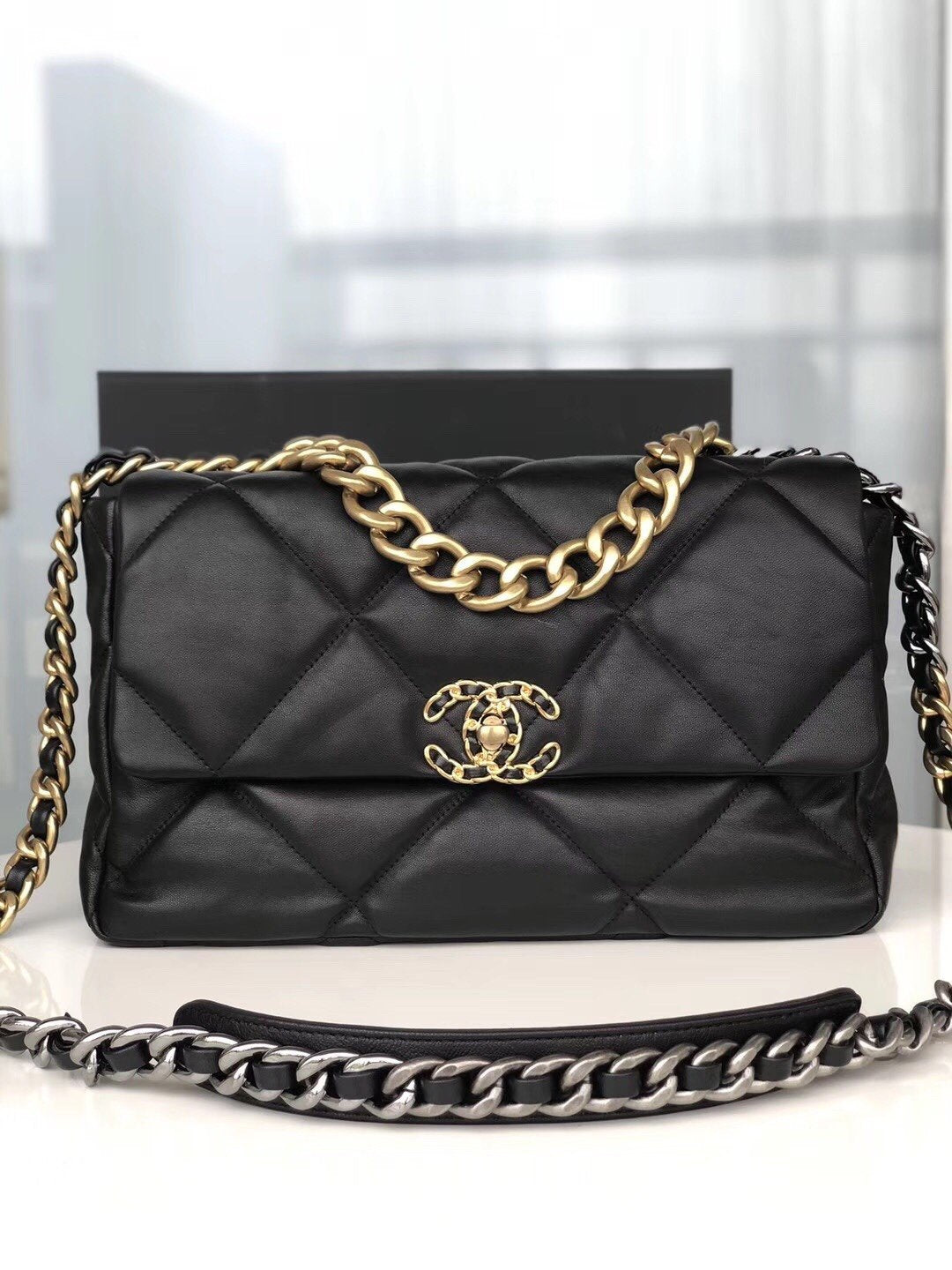 Large black 19 flap bag