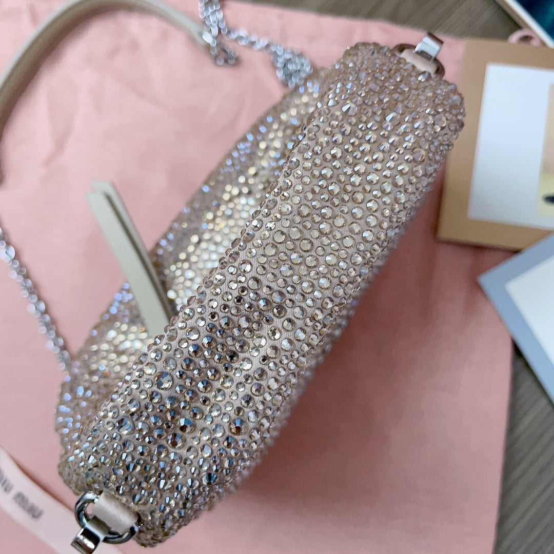 Sand Beige Wander Satin Mini Hobo Bag With Synthetic Crystals