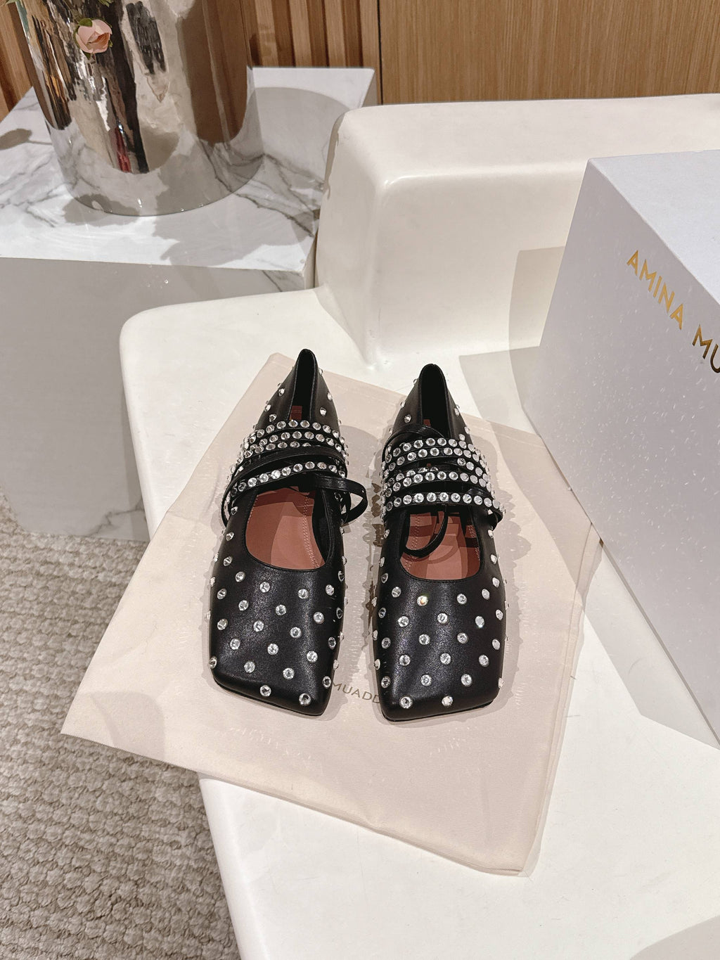 Black Ane Embellished Leather Ballet Flats