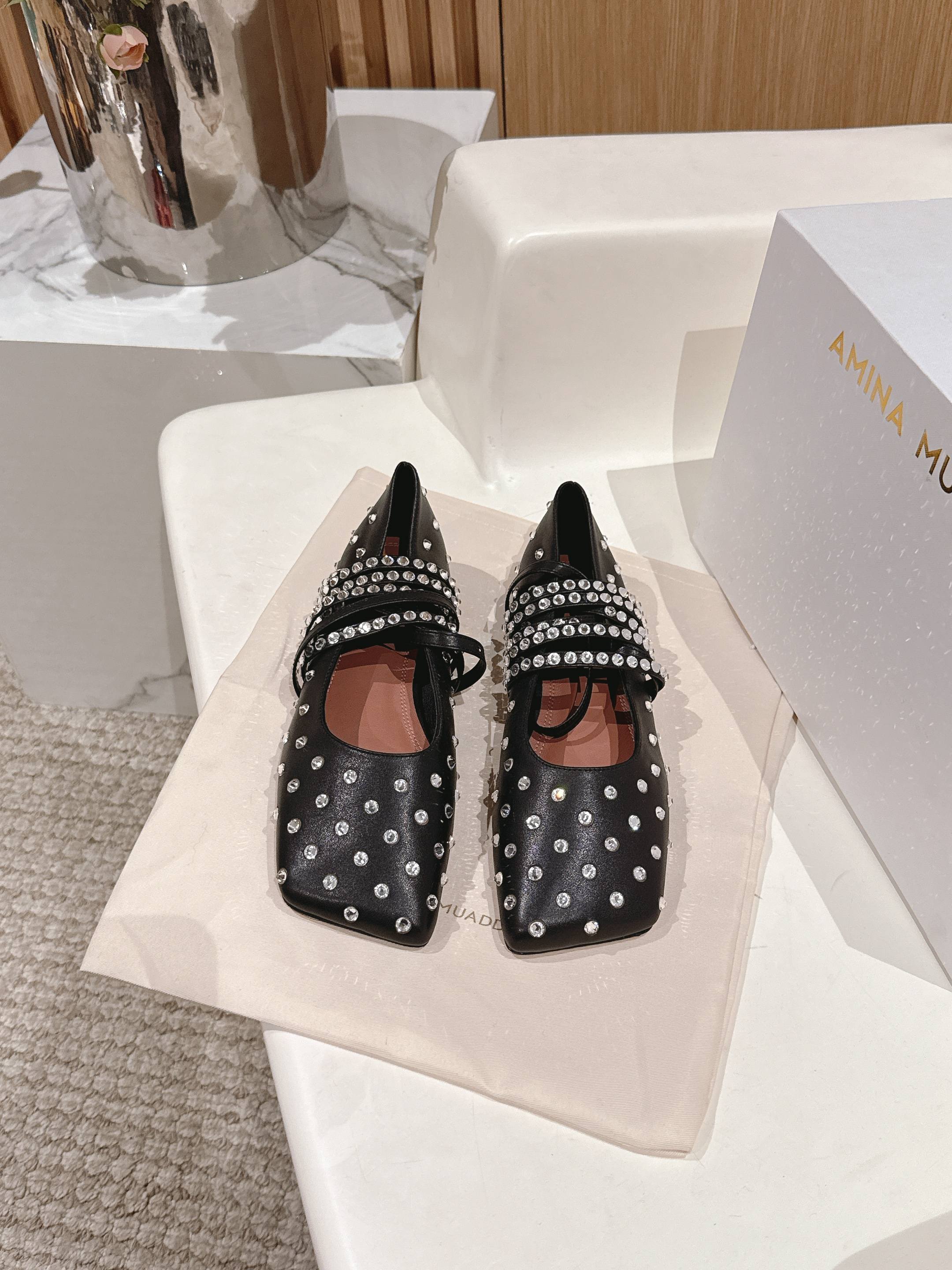 Black Ane Embellished Leather Ballet Flats