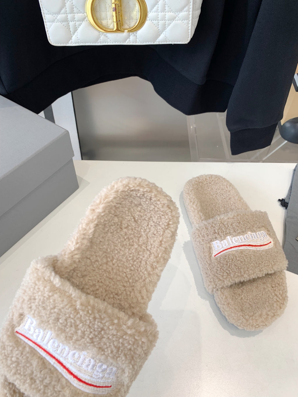 Beige Furry Slides Slip-On Sandals