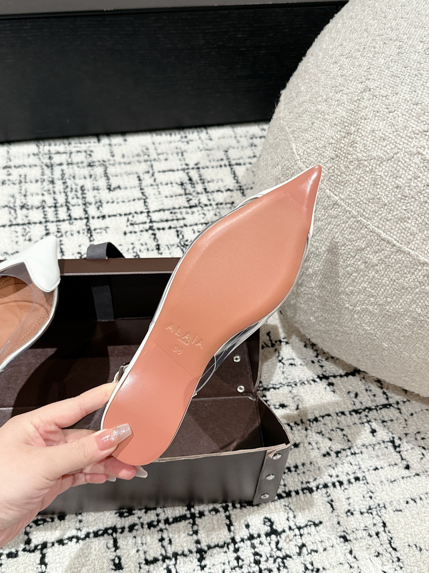 White LC Flat Slingbacks In Patent Leather