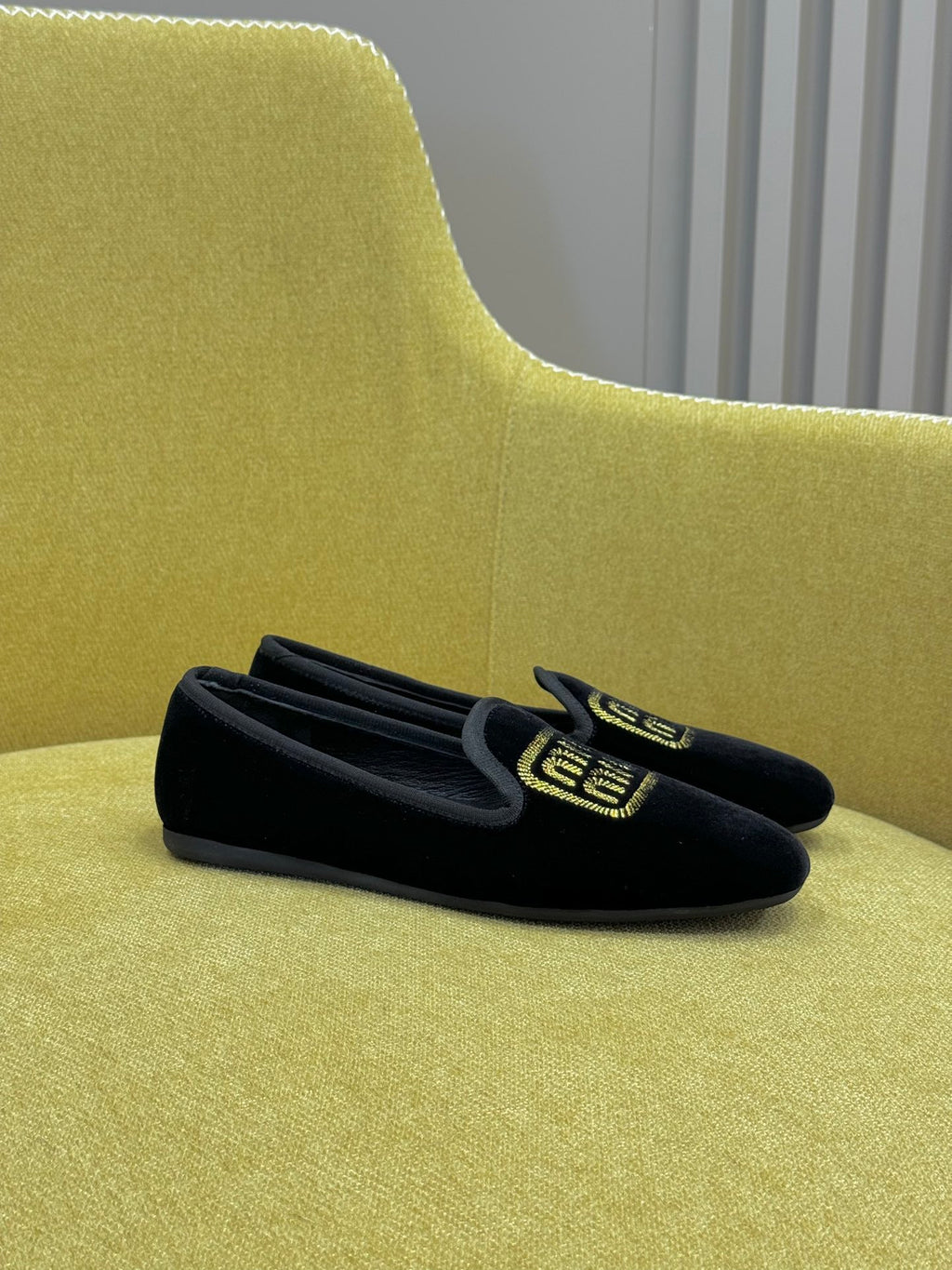 Black Velvet Slippers With Embroidered Logo