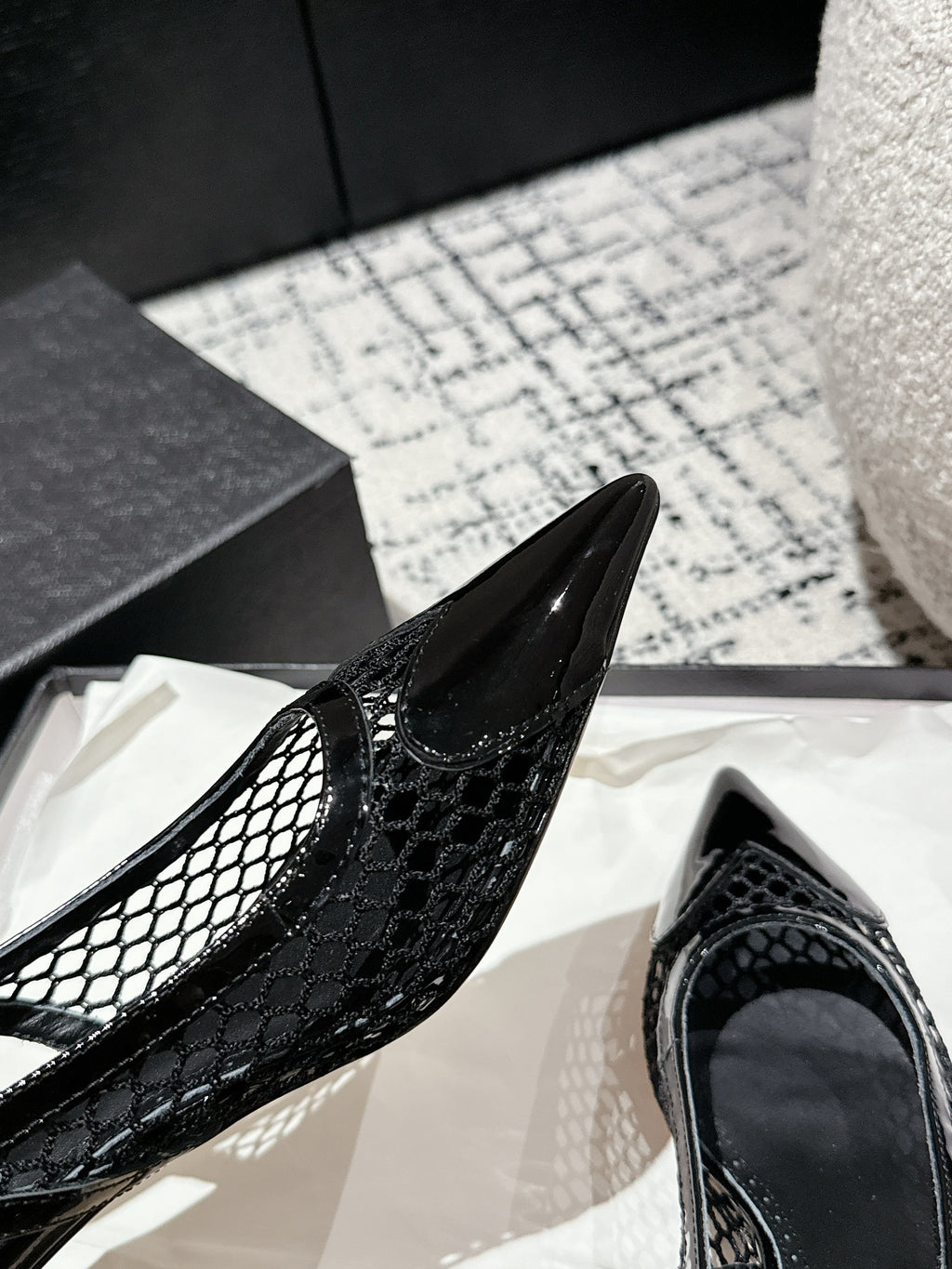 Black Le Coeur Slingbacks In Fishnet