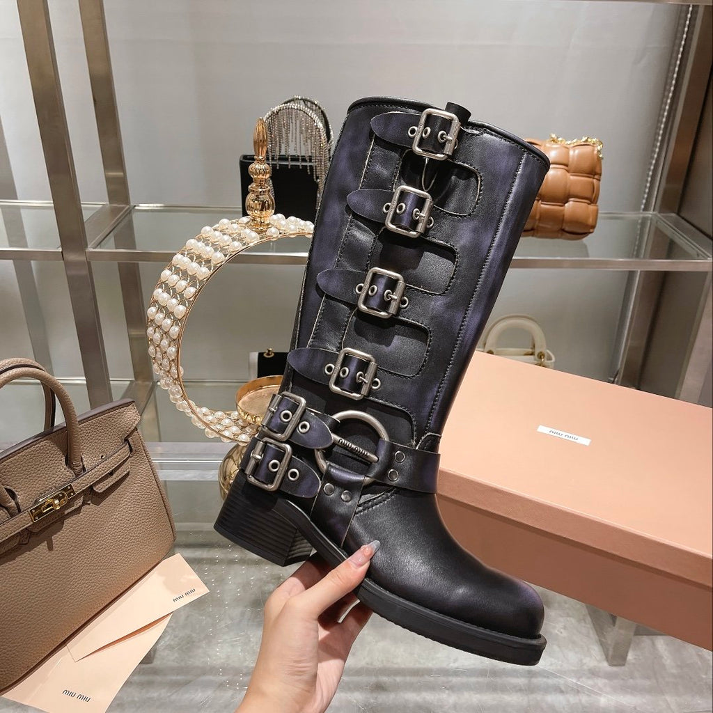 Black leather biker boots