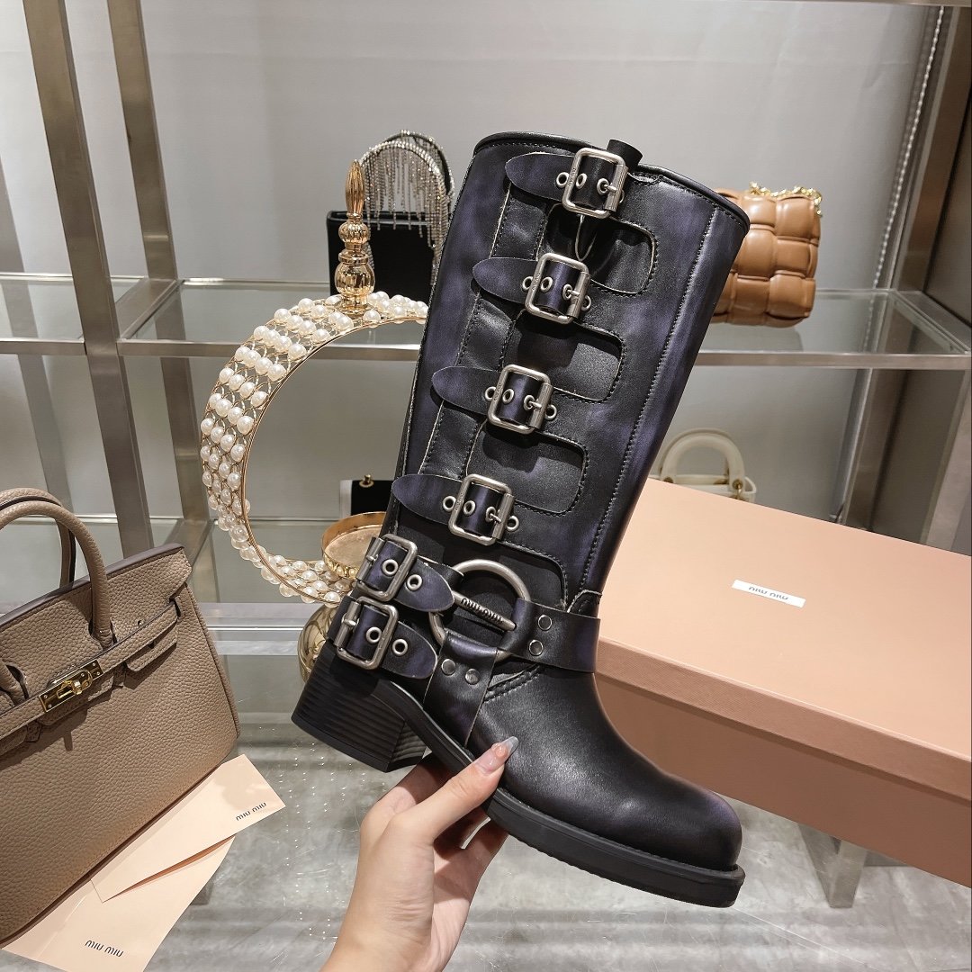 Black leather biker boots