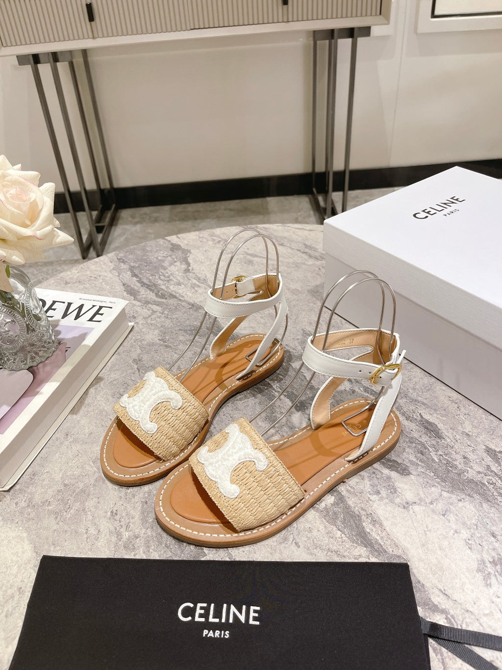 Beige & White CL Flat Strap Sandal