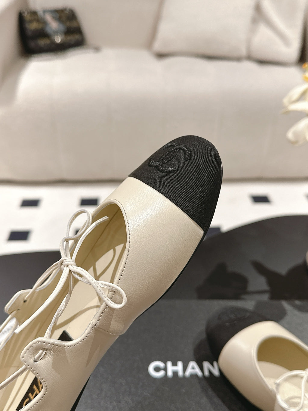 Ivory & Black MJ Ballerinas