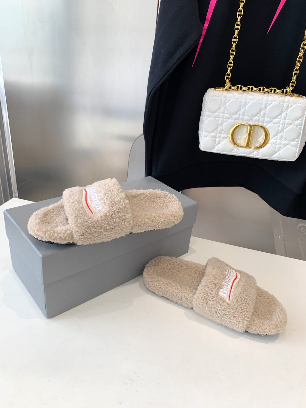 Beige Furry Slides Slip-On Sandals