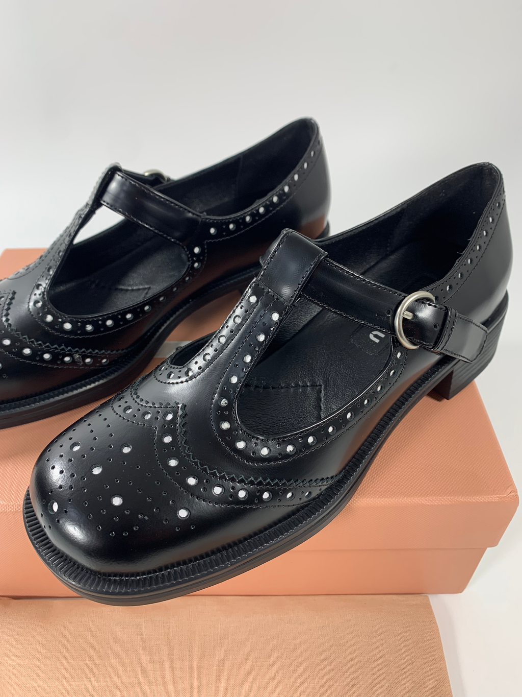Black Brushed Leather T-Strap Brogue Shoes