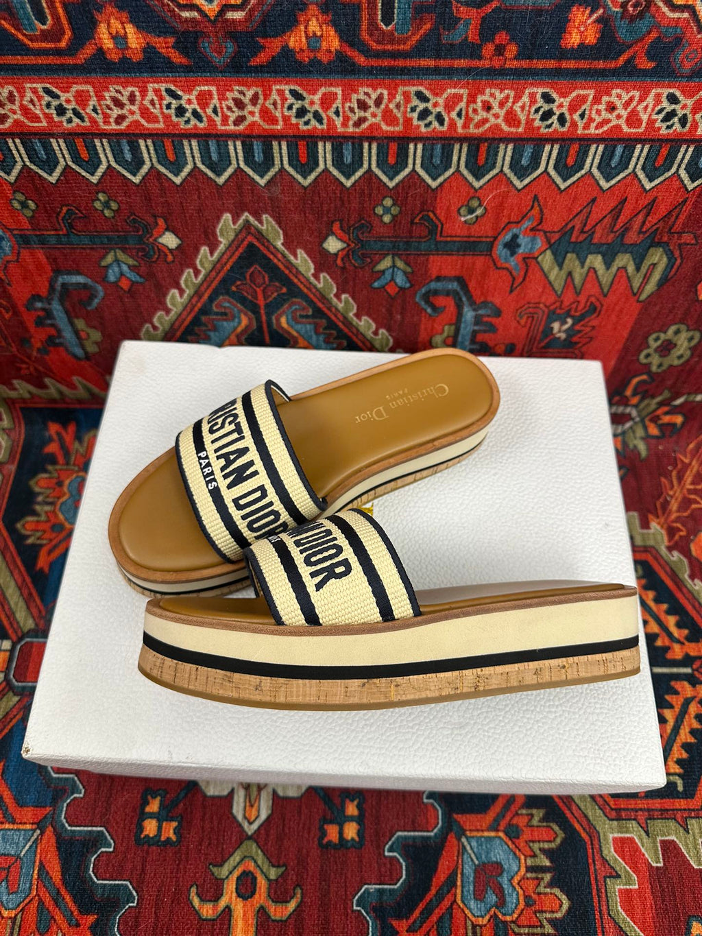 Natural Raffia & Black Embroidered DD Platform Slide