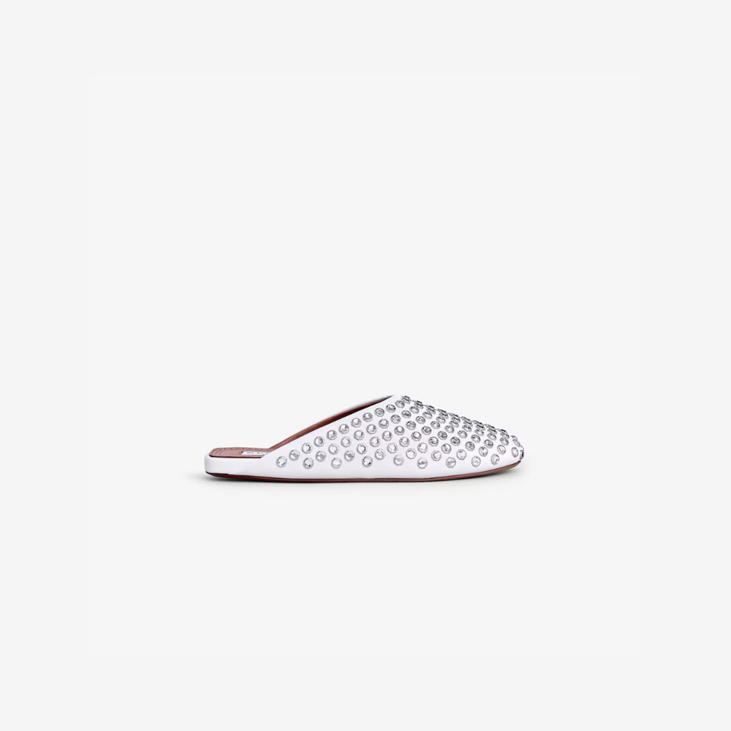 White Flat Mules In Strass Leather
