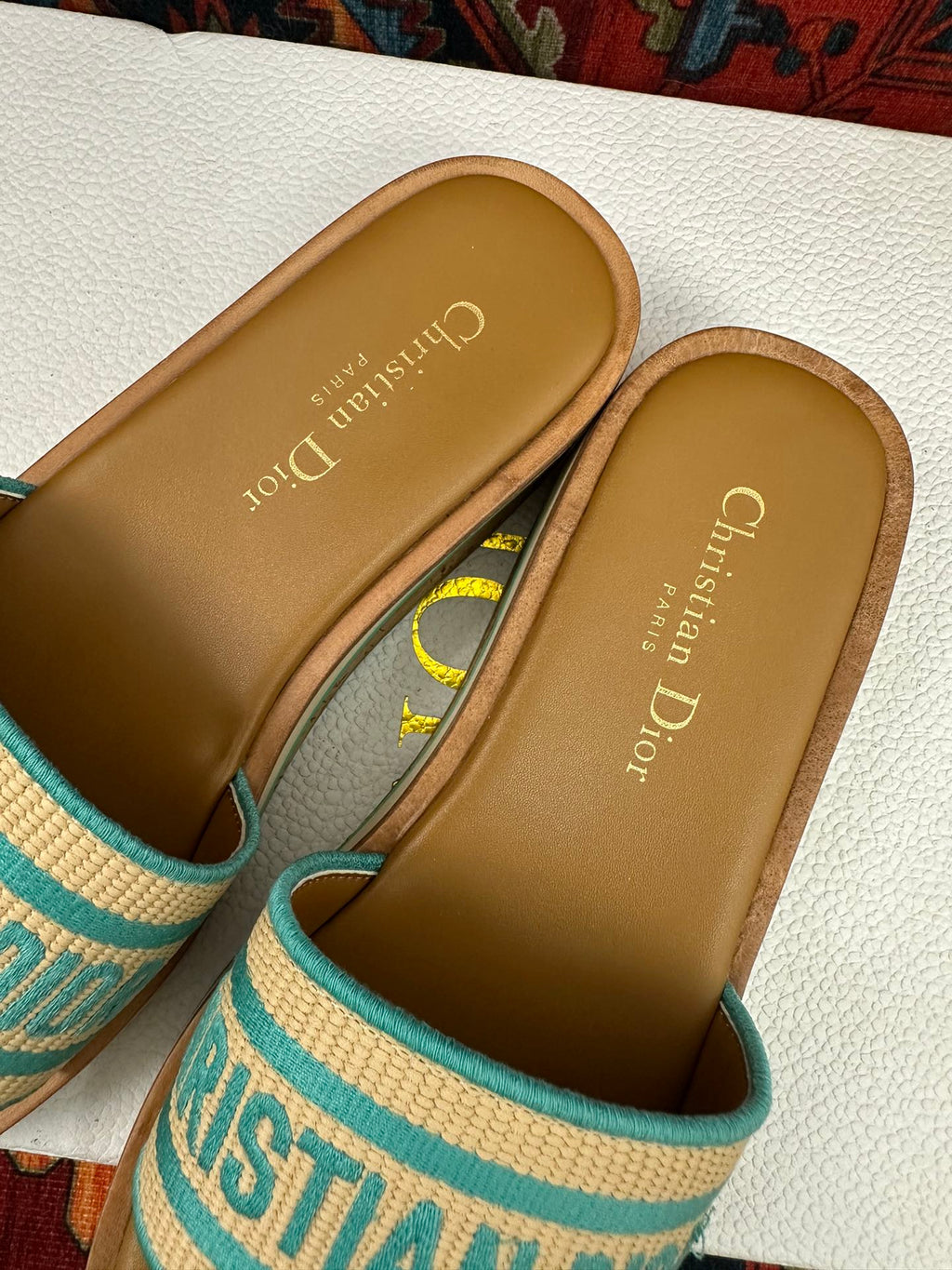 Natural Raffia & Aquamarina Embroidered DD Platform Slide