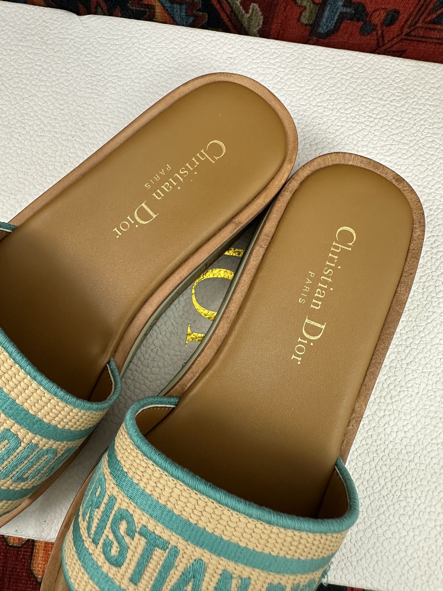 Natural Raffia & Aquamarina Embroidered DD Platform Slide