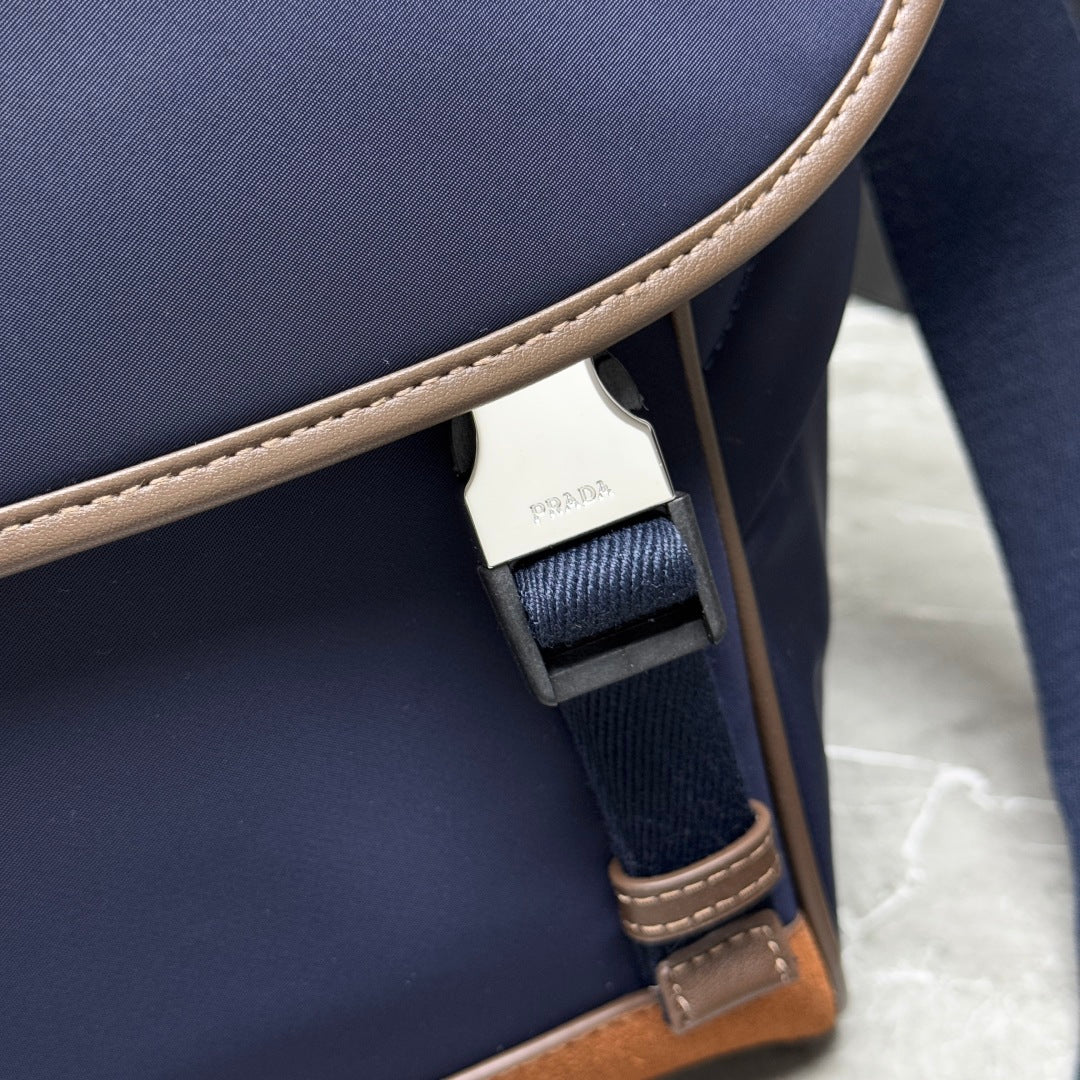 Blue/Coffee Large Re-Nylon & Leather Shoulder Bag