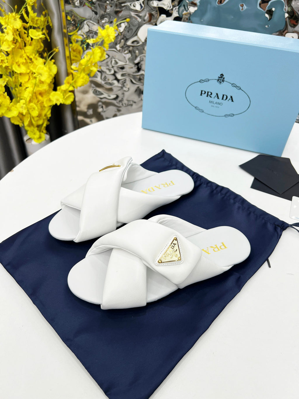 White Padded Leather Slides