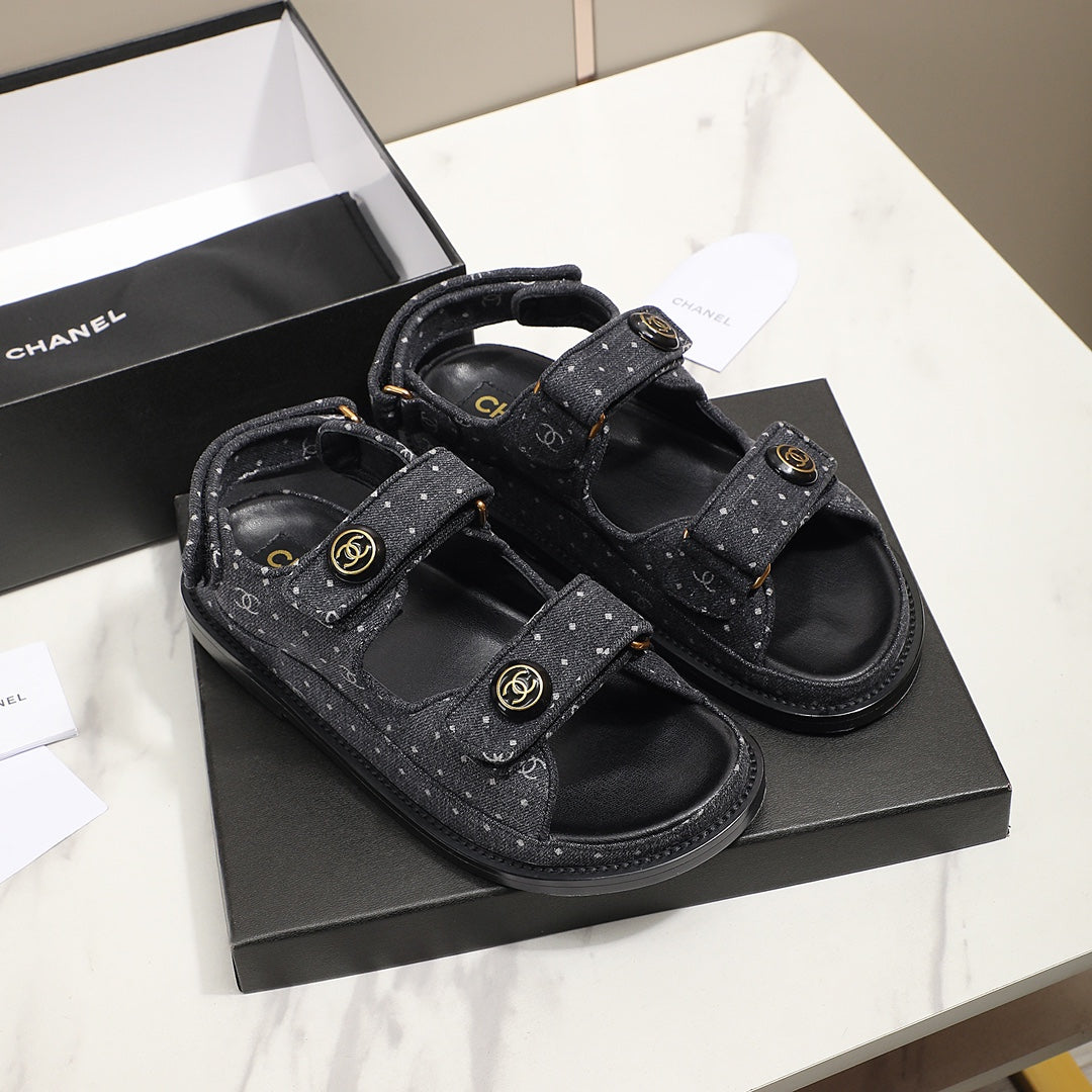 Black Printed Denim C Sandals