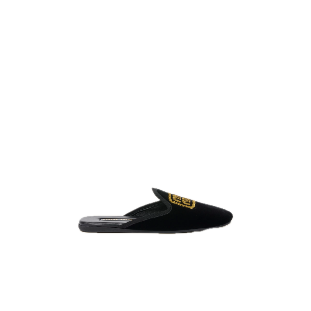 Black Velvet Slippers With Embroidered Logo
