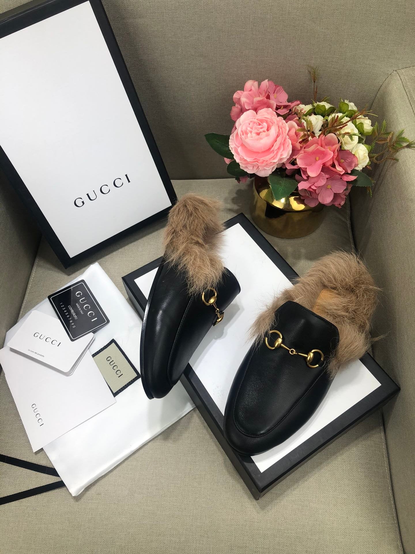 Black GP fur slippers