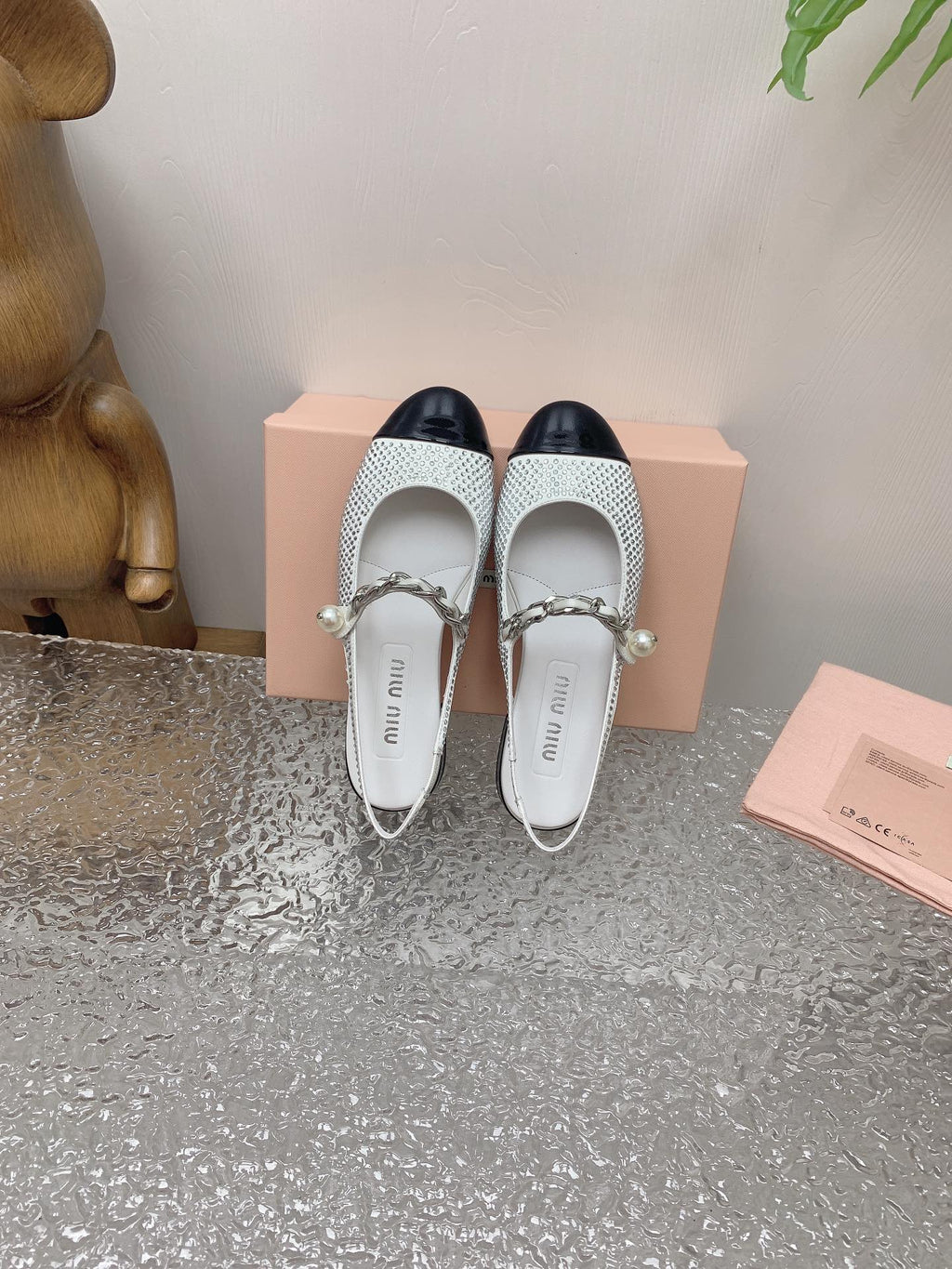 Ivory/Black Satin Slingback Ballerinas With Crystals