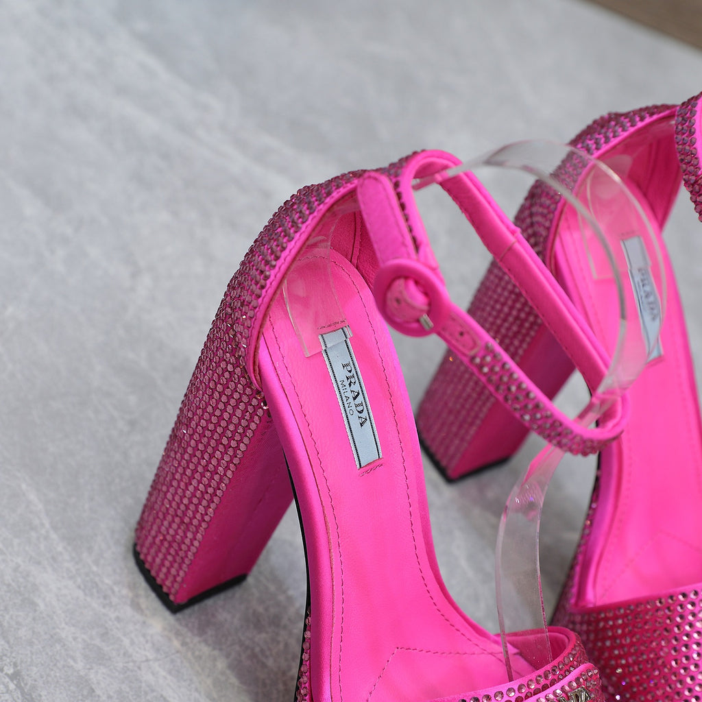 Pink Satin Platform Sandals With Crystals