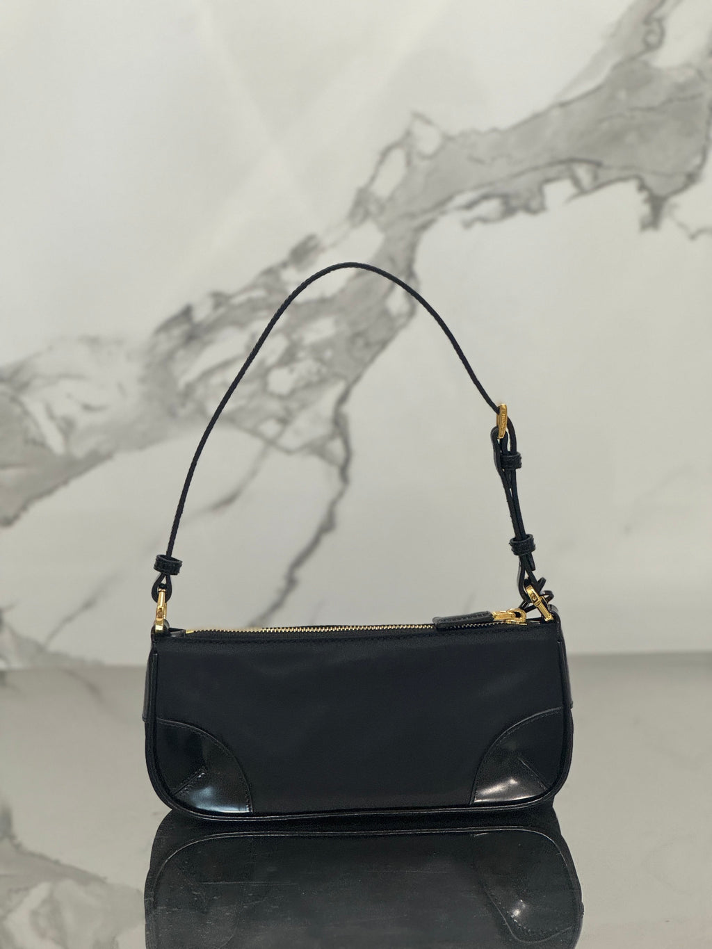 Black Re-Nylon & Brushed Leather Shoulder Bag