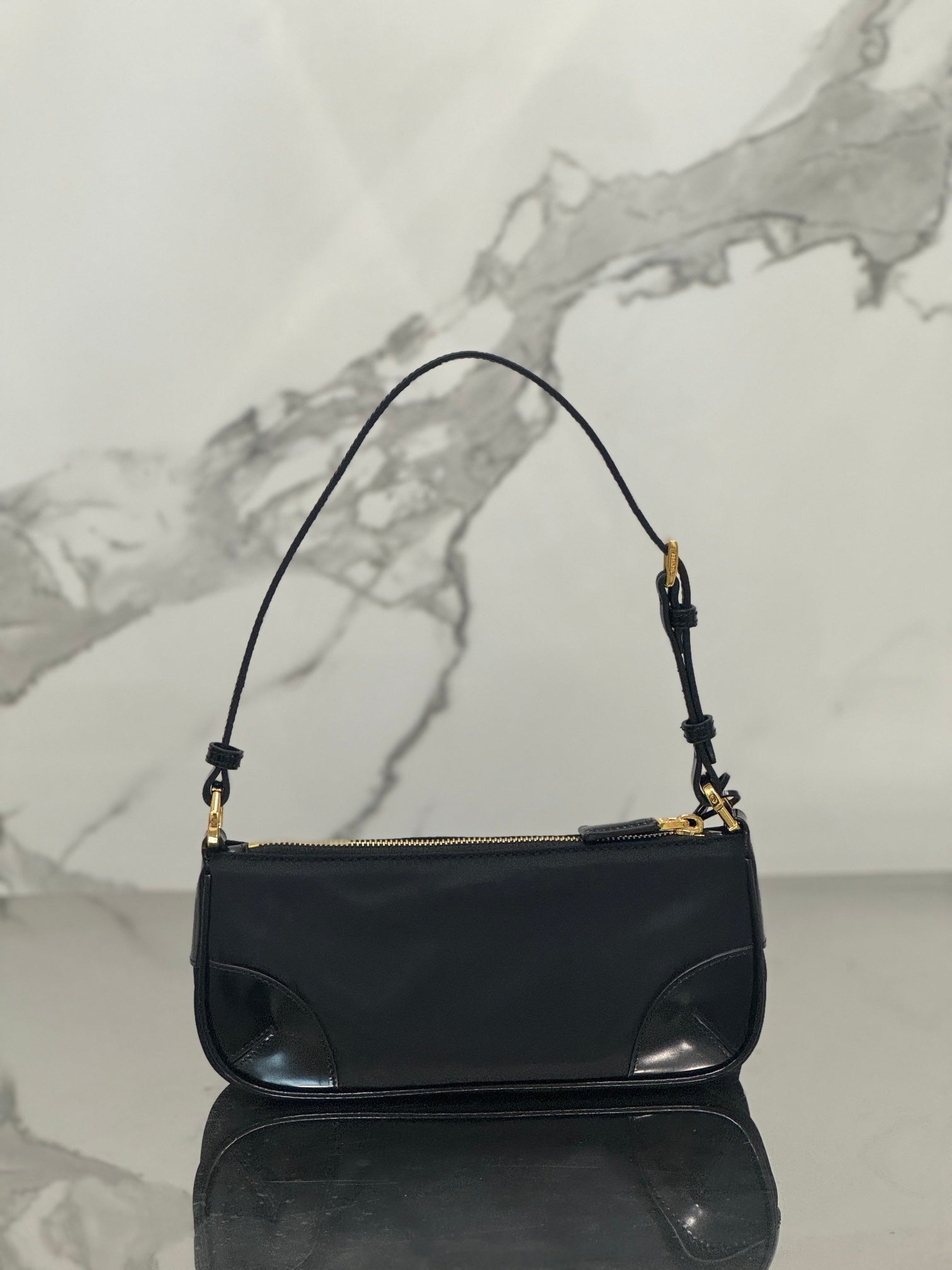 Black Re-Nylon & Brushed Leather Shoulder Bag