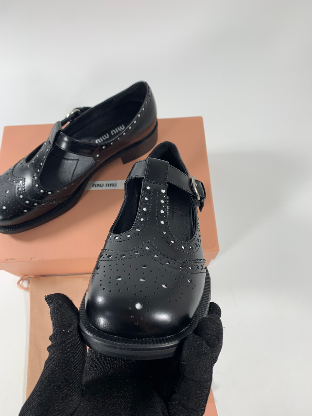 Black Brushed Leather T-Strap Brogue Shoes