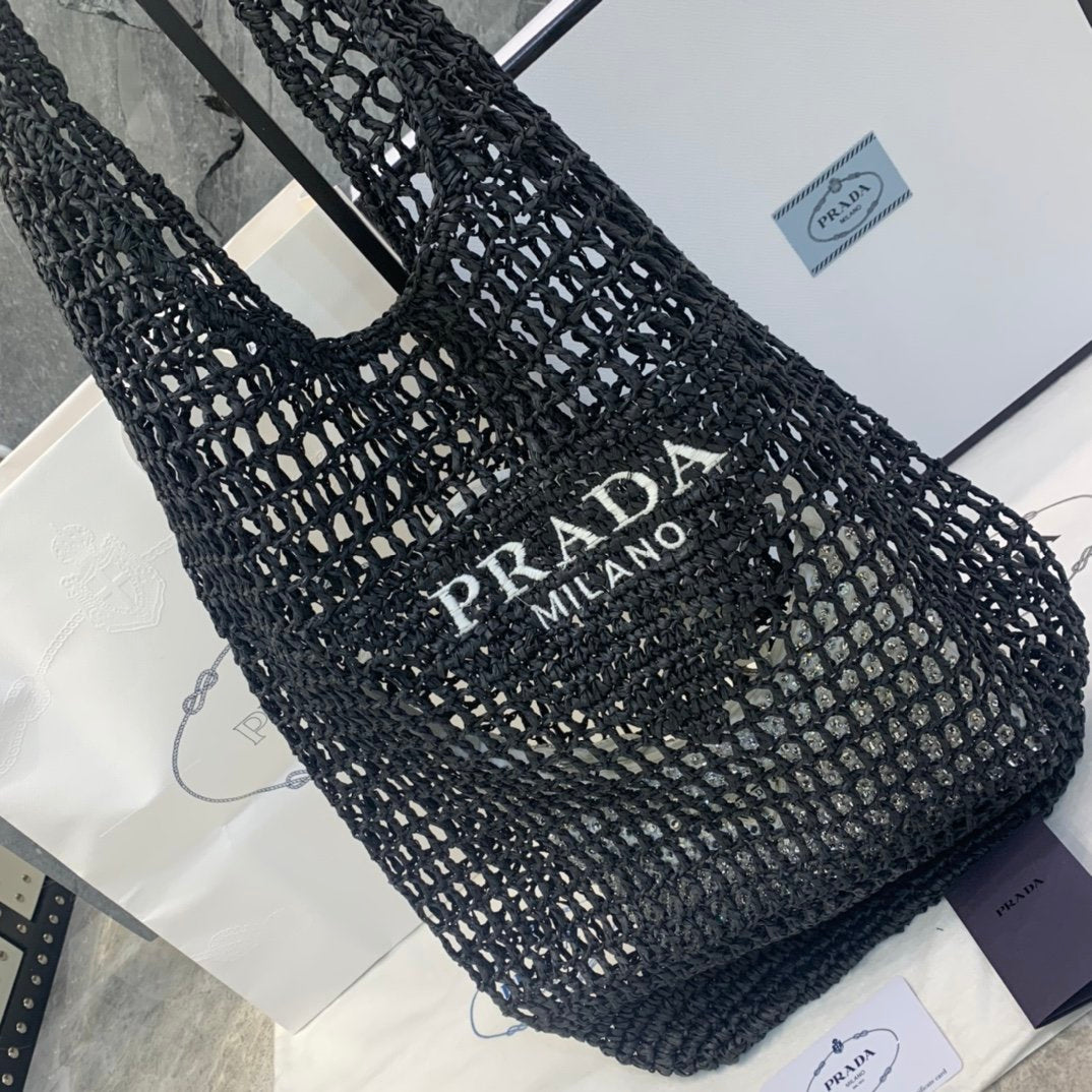 Black large raffia tote bag