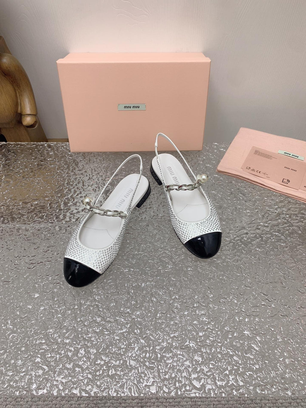 Ivory/Black Satin Slingback Ballerinas With Crystals