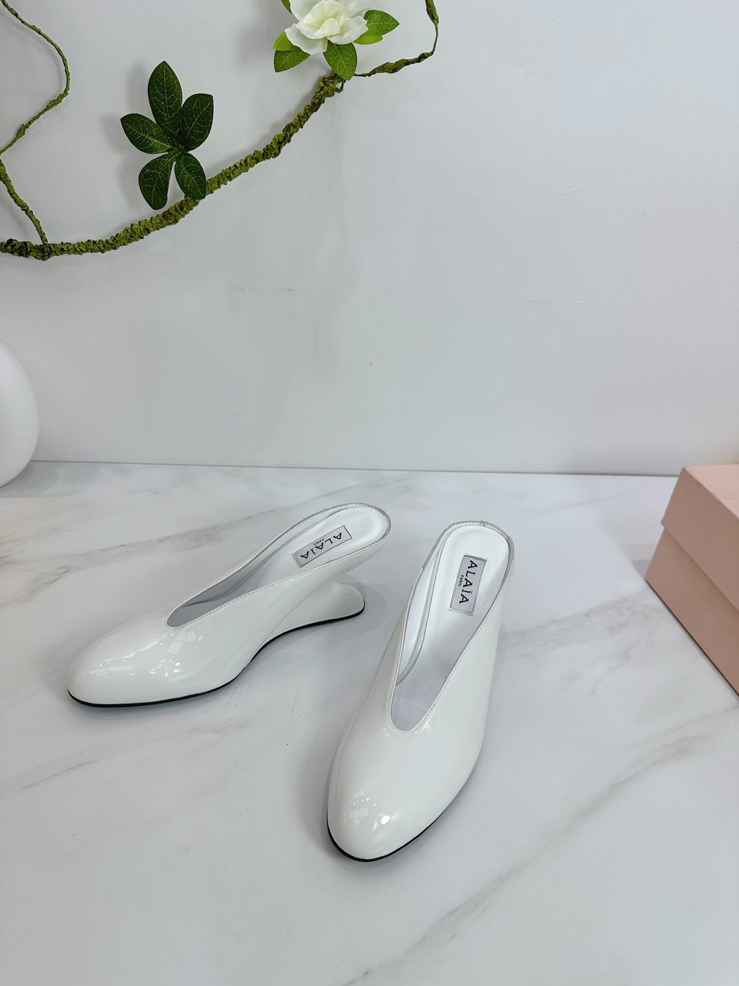 White Curve Wedge Mules