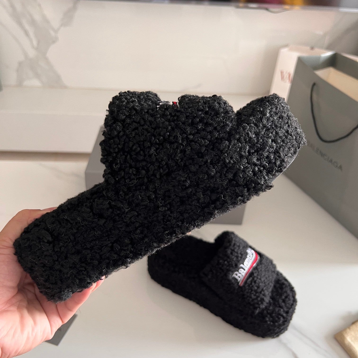Black Furry Platform Sandal
