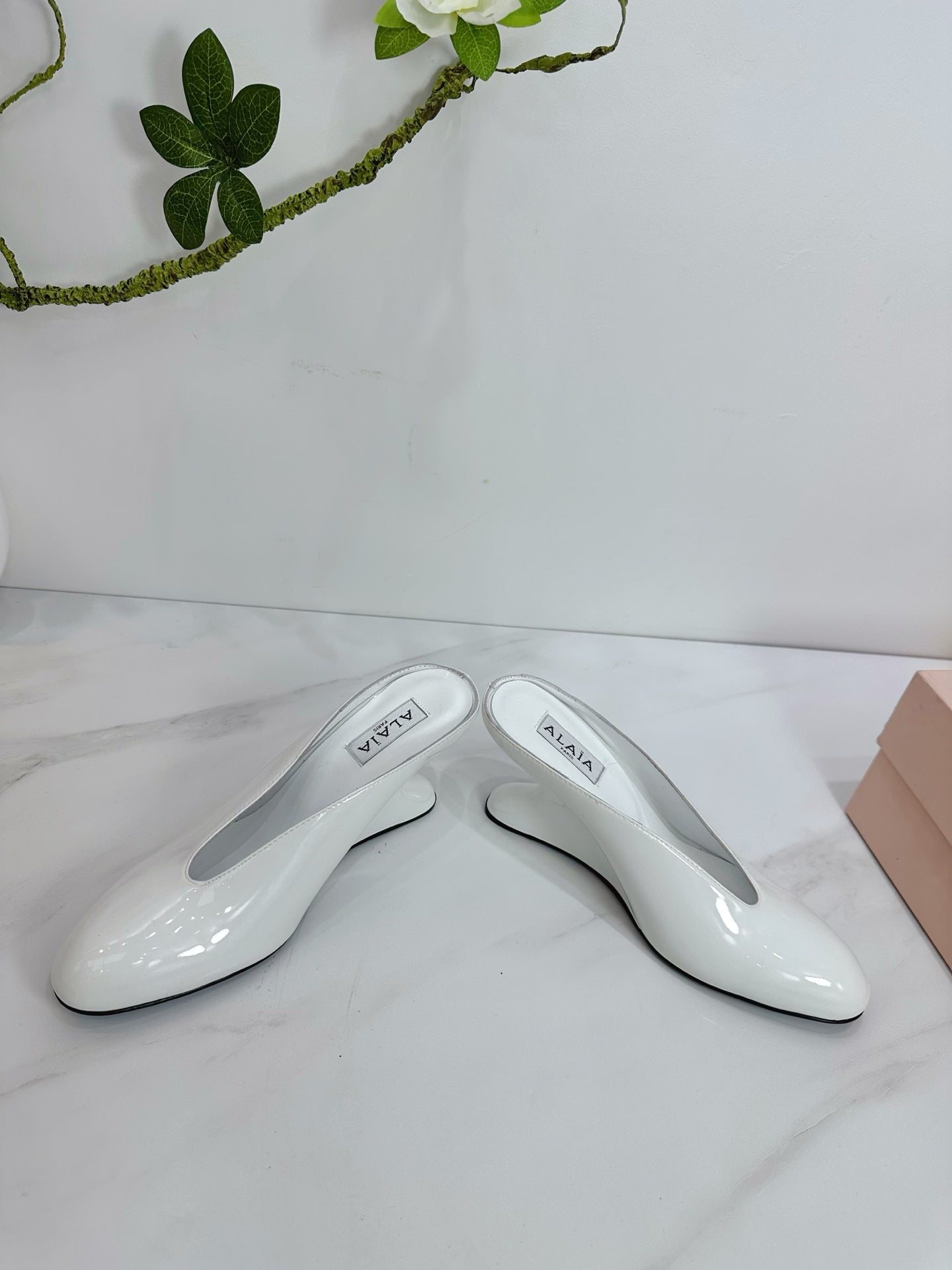 White Curve Wedge Mules