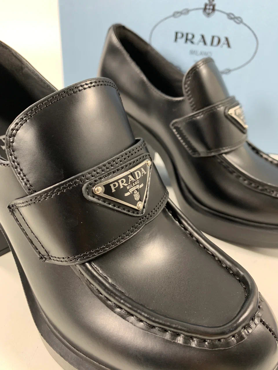 Black PC high-heeled brushed leather loafers