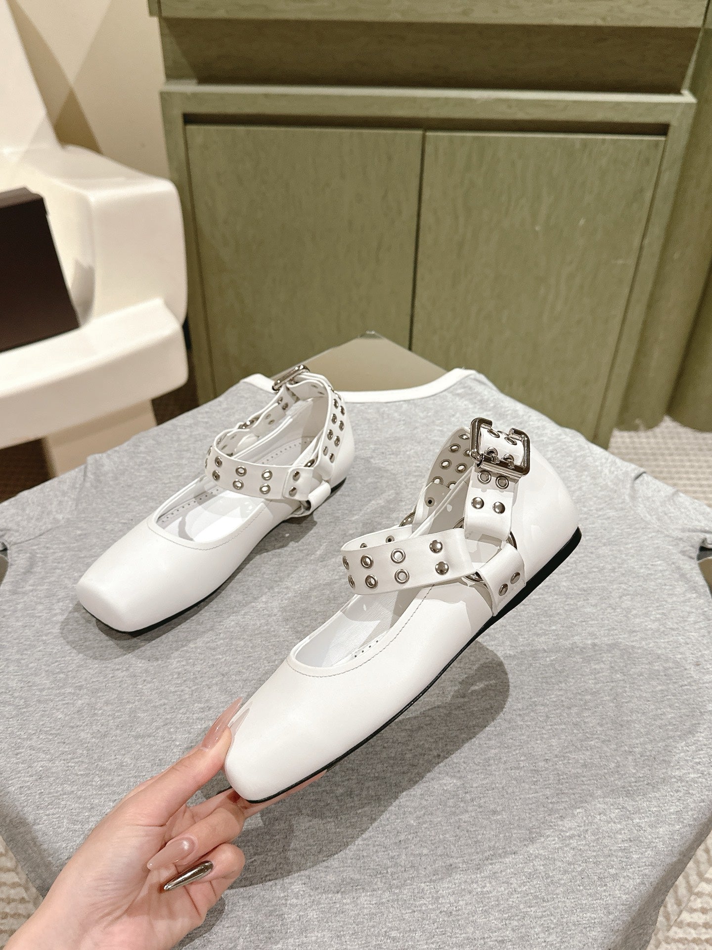 White Biker Ballet Flats