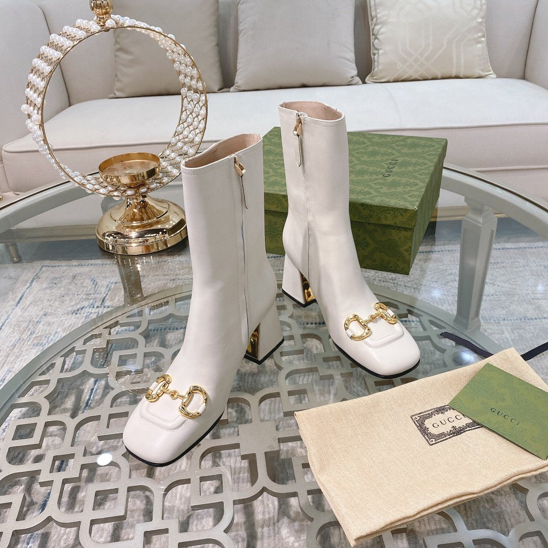 White GH mid-heel ankle boot