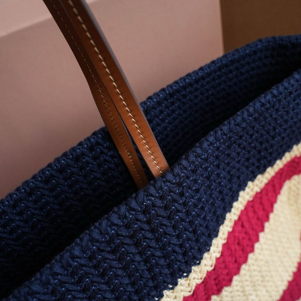 Blue Raffia-Effect Woven Tote Bag