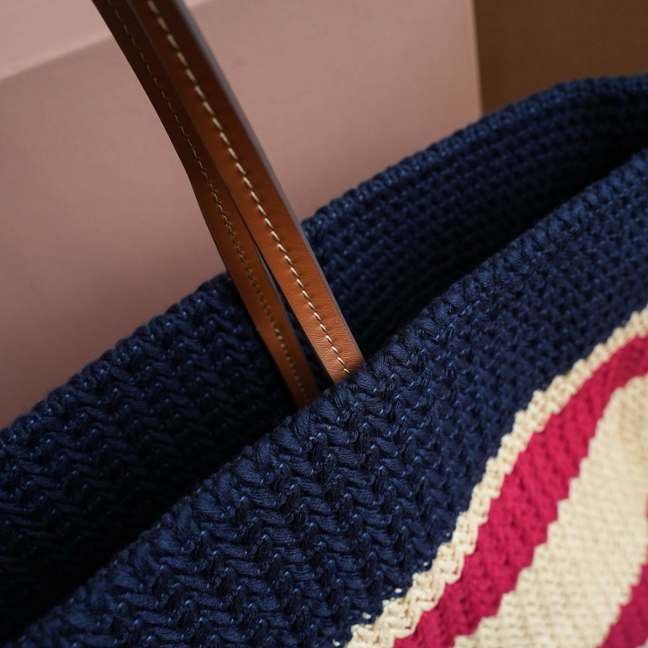 Blue Raffia-Effect Woven Tote Bag