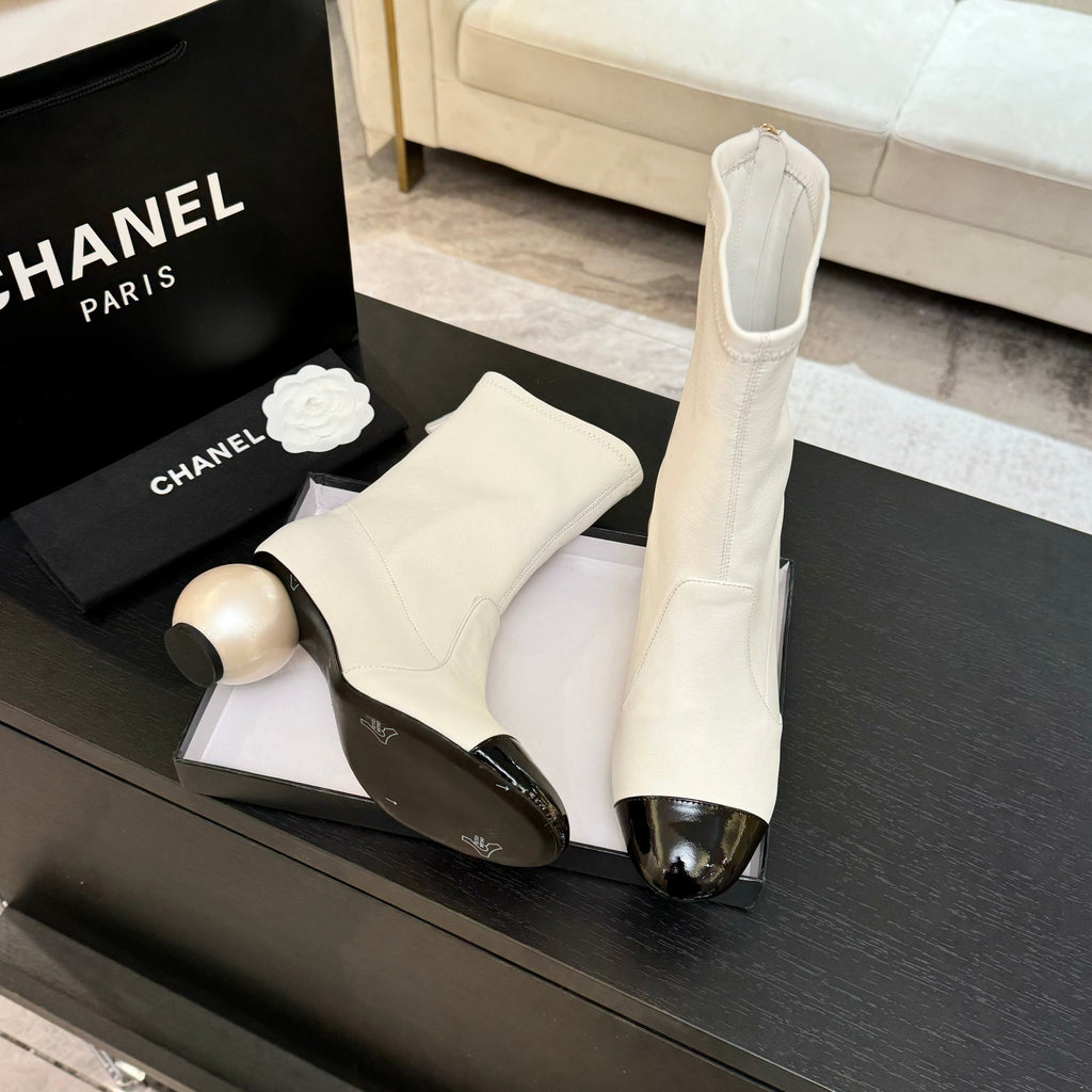 White & Black Stretch High Boots